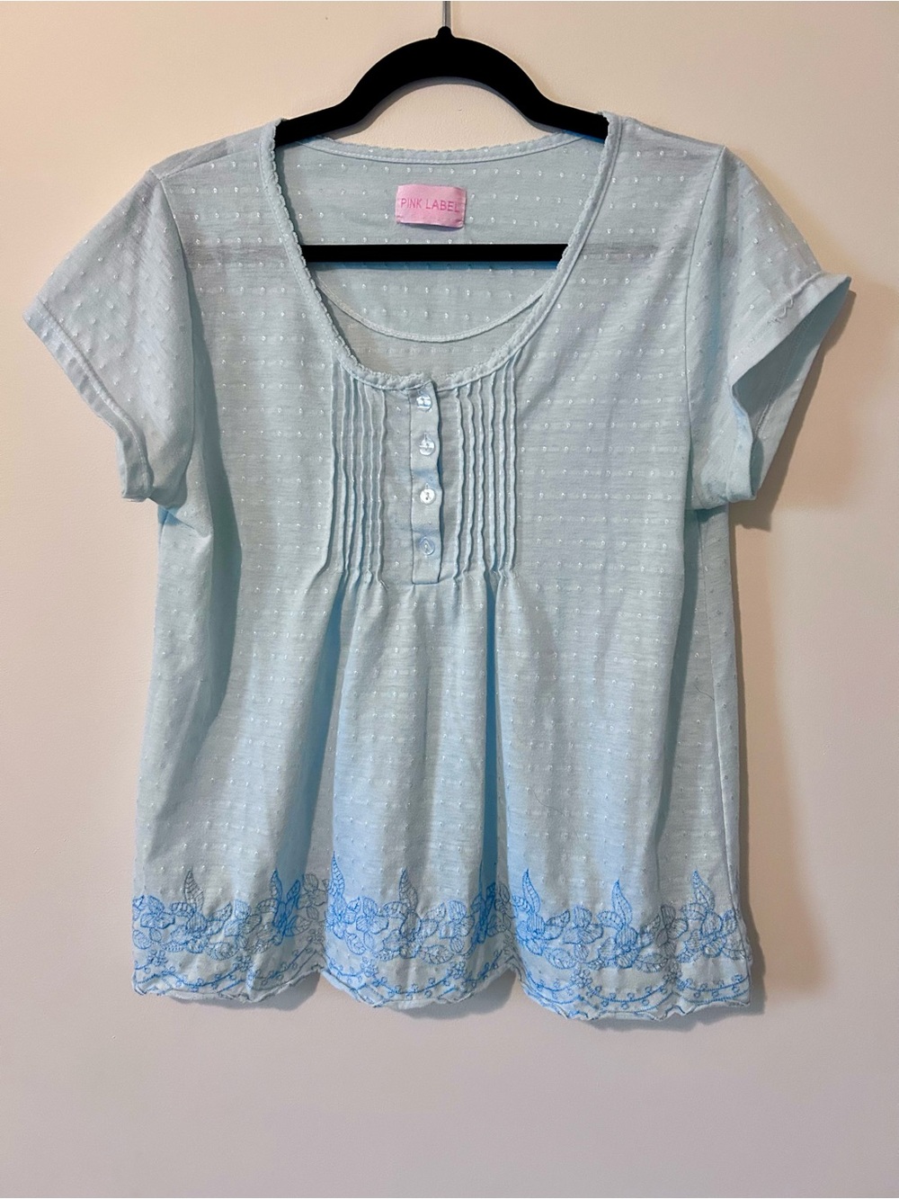 Vintage Pink Label Pastel Blue Embroidered Sleep Shirt Pajama Top Size S